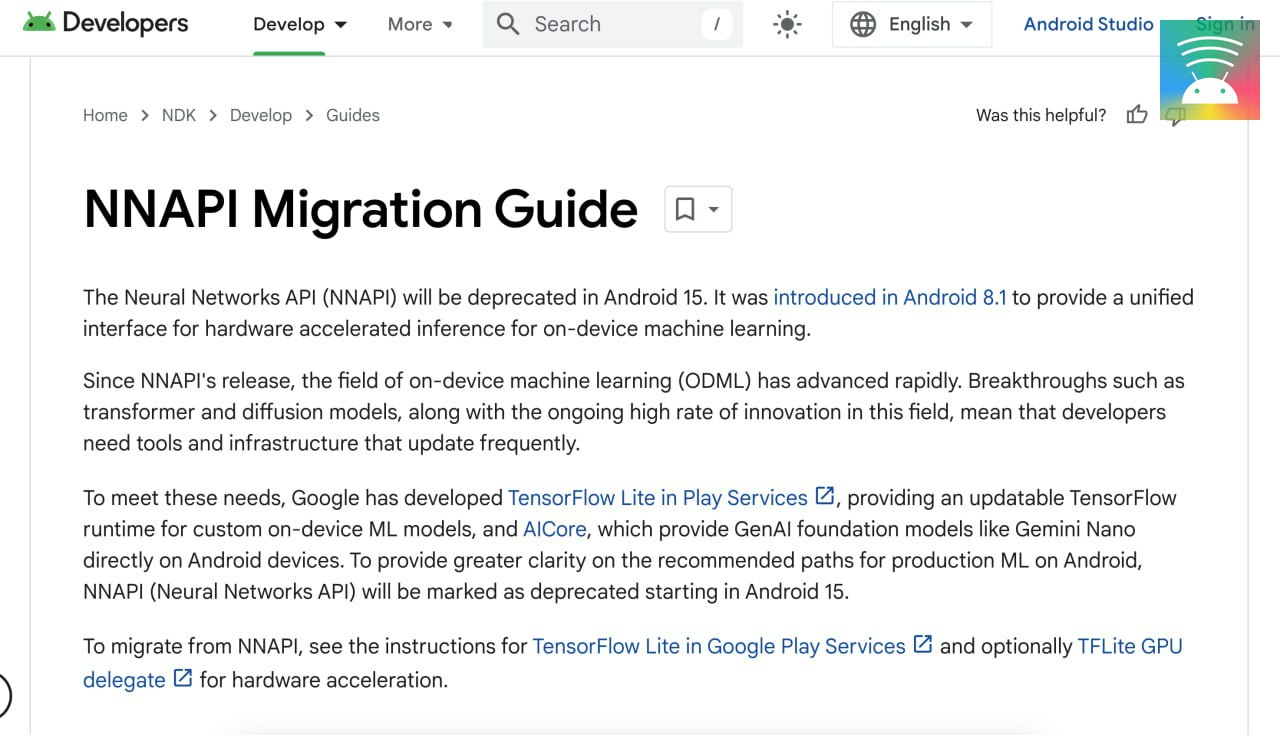 В Android 15 Neural Networks API (NNAPI) будет помечено как "deprecated". На замену предлагается Tensor Flow Lite из Play Services 🤯 и AICore (фактически Gemini) | Сетка — социальная сеть от hh.ru
