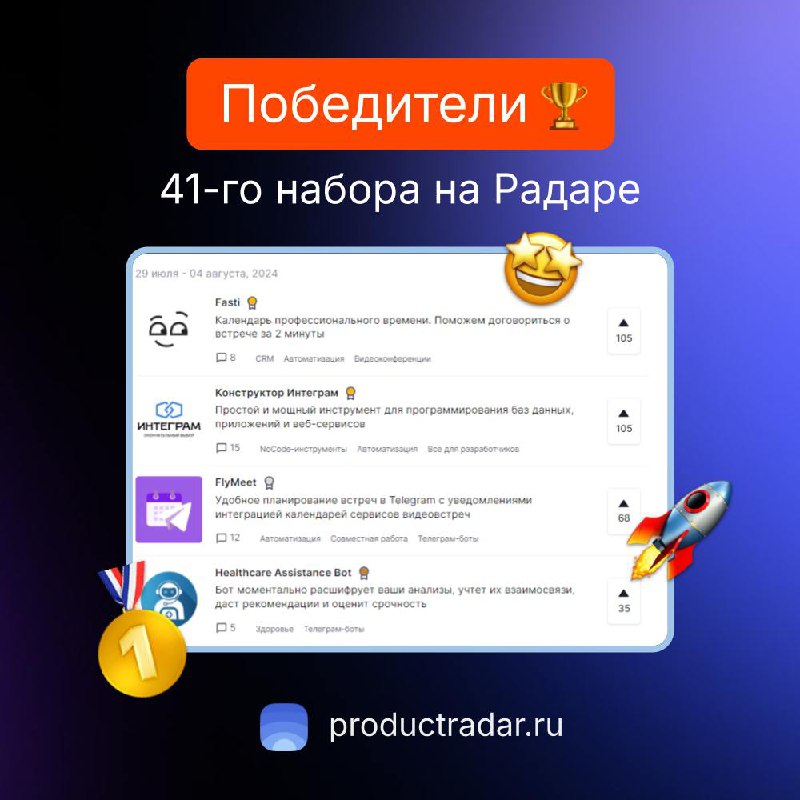 Победители прошлой недели на Радаре
41-й набор
🥇Fasti
Календарь профессионального времени | Сетка — социальная сеть от hh.ru