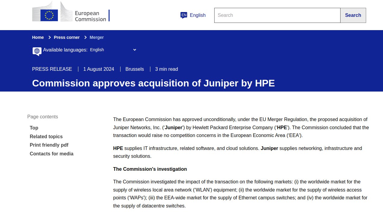 Европейская антимонопольная комиссия одобрила сделку Hewlett Packard Enterprise по покупке Juniper Networks
Регулятор постановил, что поглощение не вызовет проблем с конкуренцией в ЕЭЗ | Сетка — социальная сеть от hh.ru