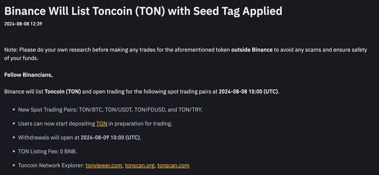⚡️ Binance собирается залистить $TON 2024-08-08 10:00 (UTC).
Напоминаю, что TON можно было взять по скидке, как и другие альты, говорил об этом вчера.
@birzhbazar | Сетка — социальная сеть от hh.ru