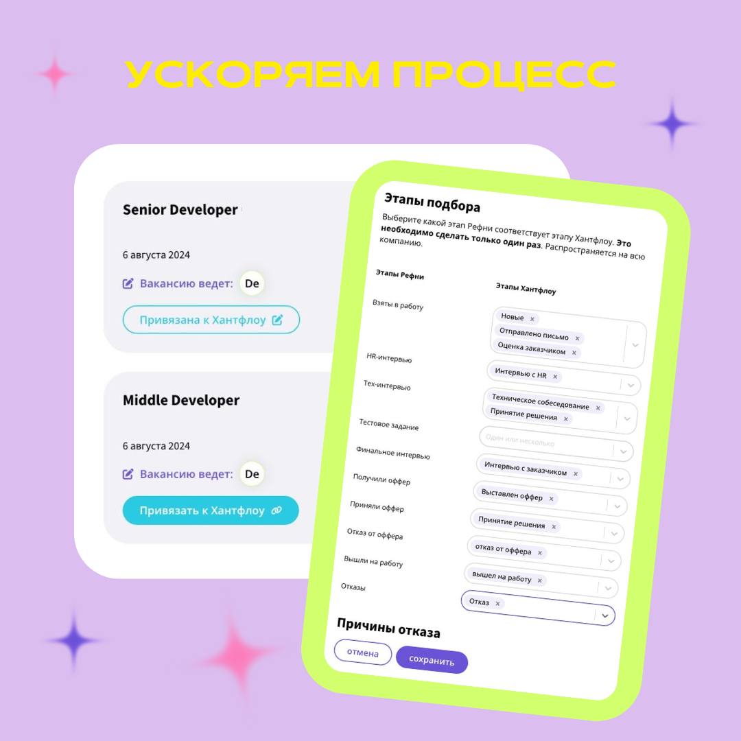 Классная новость для компаний — у Рефни есть интеграция с Хантфлоу 💙
Что это значит? При переносе кандидата на другой этап в ATS-системе, его статус моментально поменяется и на Рефни | Сетка — социальная сеть от hh.ru
