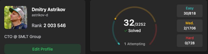 Прогресс на Leetcode за неделю 🙂
1% пройден, осталось еще 99 😄
Стараюсь решать задачки каждый день, но, к сожалению, с этим пока есть проблемы | Сетка — социальная сеть от hh.ru