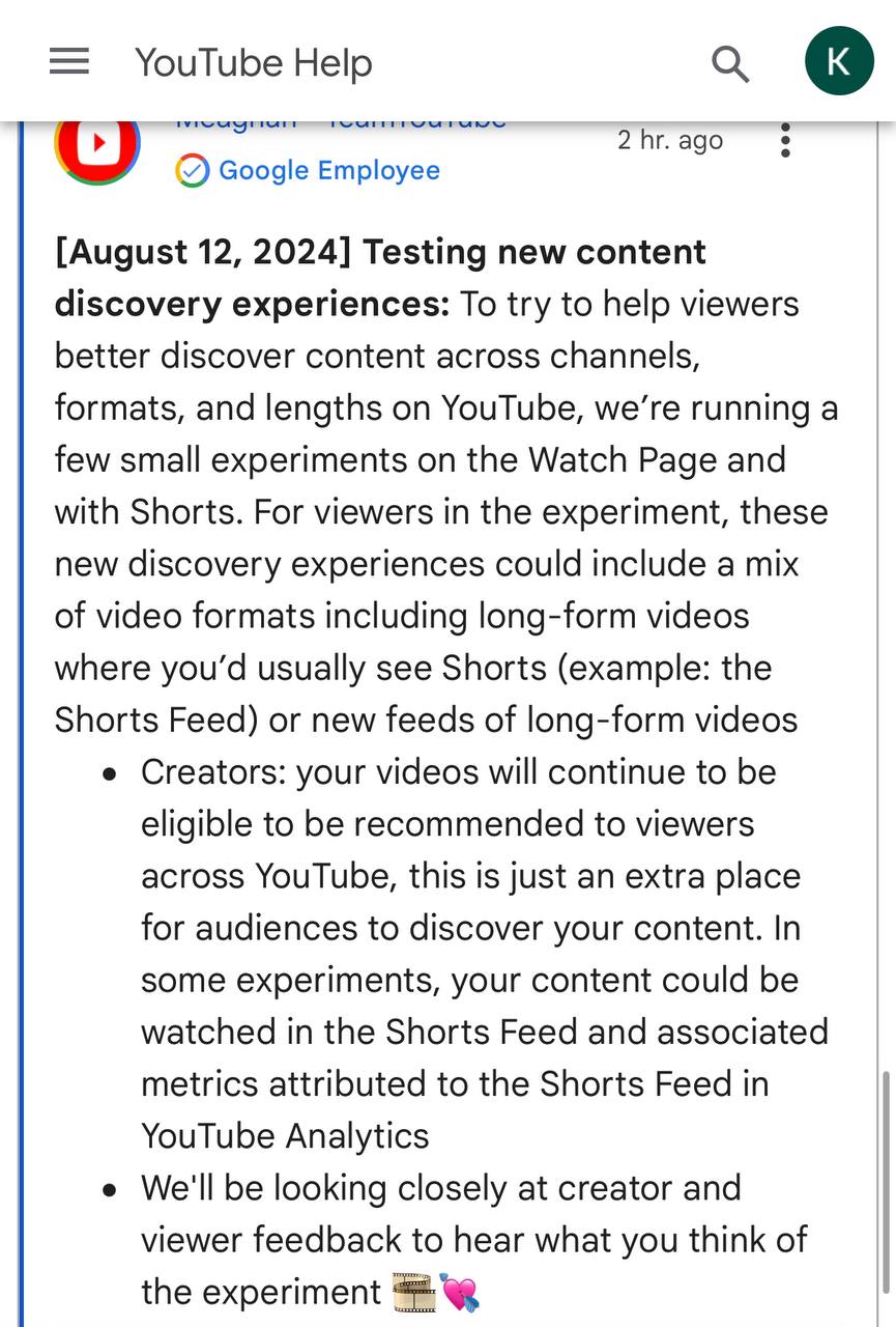Продолжение экспериментов Youtube с дистрибуцией ваших видео: теперь некоторые пользователи могут встретить длинные видео в Shorts-фиде ❓ | Сетка — социальная сеть от hh.ru