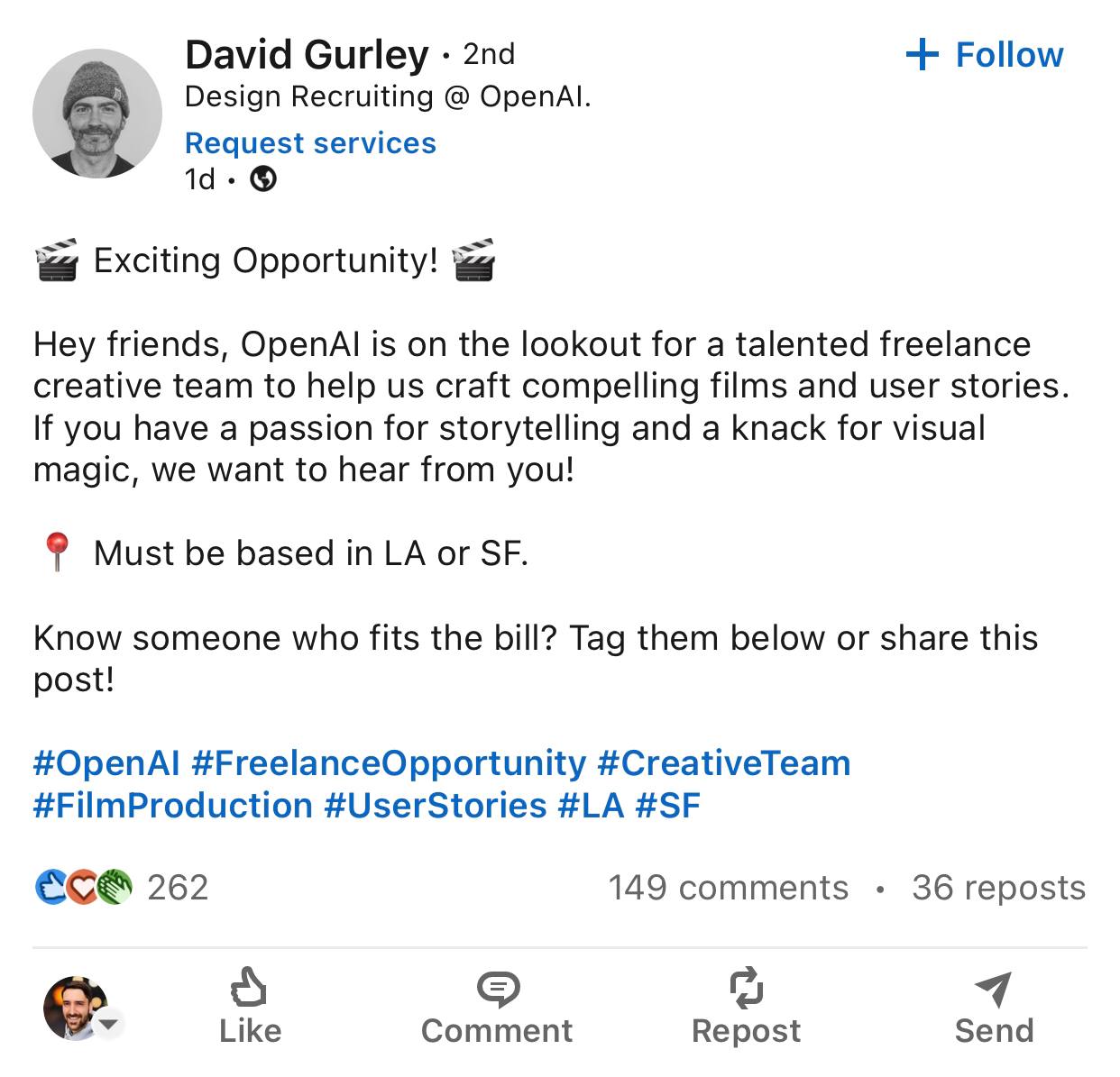 OpenAI настолько заменил все креативные профессии, что теперь ищет фрилансеров, которые умеют в сторителлинг и помогут им делать промо ролики 👩 | Сетка — социальная сеть от hh.ru