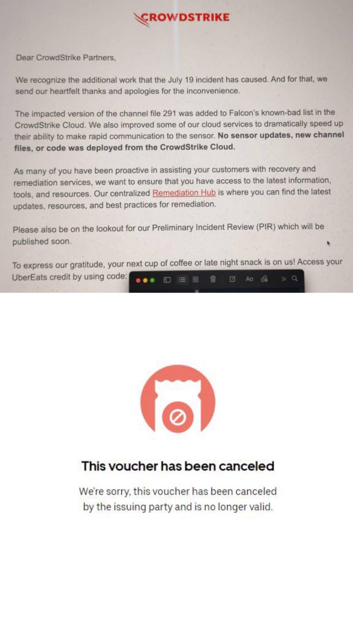 Помните как CrowdStrike недавно уронила весь интернет и вывела из строя миллионы компьютеров из-за неудачного обновления?
Так вот, потом они решили загладить свою вину и разослали своим партнерам пись... | Сетка — социальная сеть от hh.ru