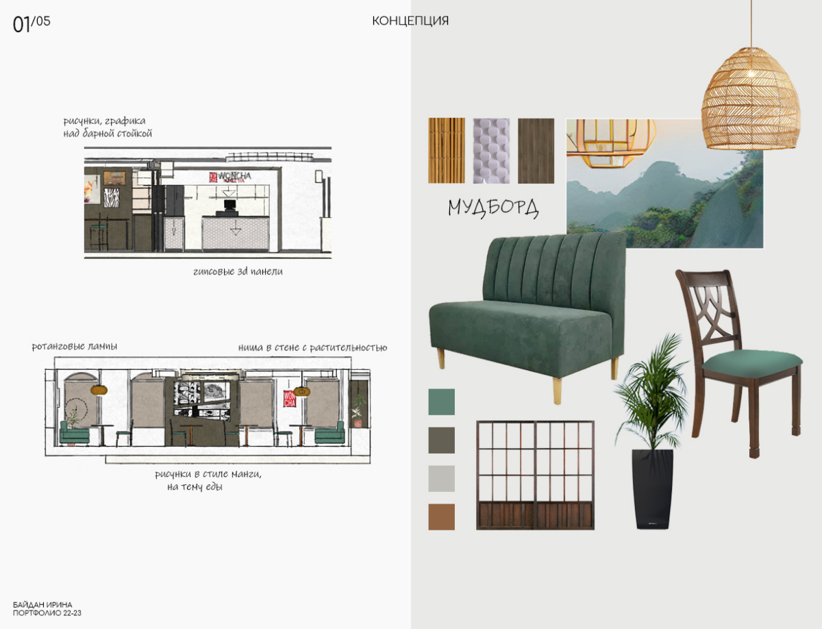 Первым моим серьёзным проектом, в области дизайна интерьера, стало оформление зоны фудкорта в центре Москвы, недалеко от станции метро Серпуховская в 2022 году для VUA Group | Сетка — социальная сеть от hh.ru