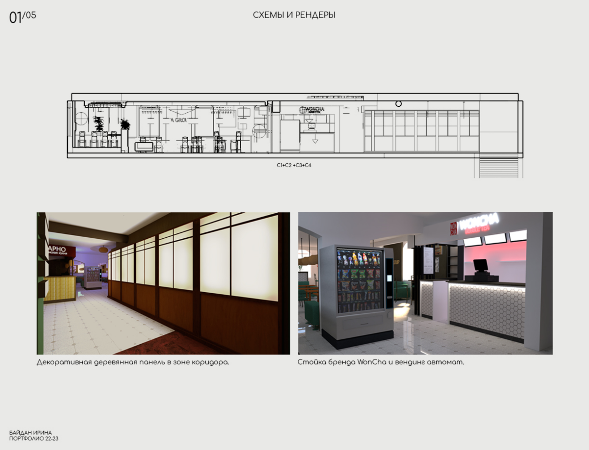 Первым моим серьёзным проектом, в области дизайна интерьера, стало оформление зоны фудкорта в центре Москвы, недалеко от станции метро Серпуховская в 2022 году для VUA Group | Сетка — социальная сеть от hh.ru