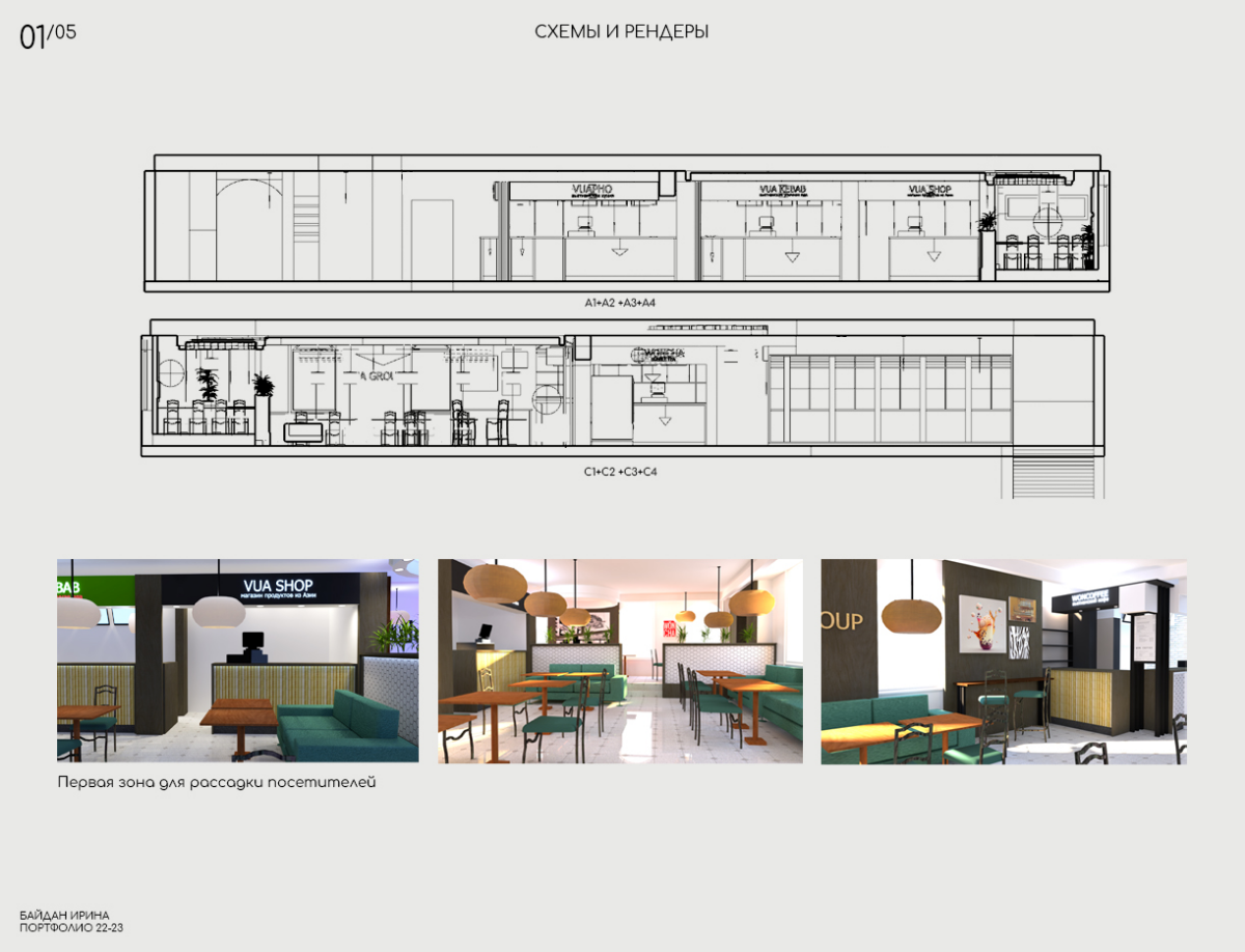 Первым моим серьёзным проектом, в области дизайна интерьера, стало оформление зоны фудкорта в центре Москвы, недалеко от станции метро Серпуховская в 2022 году для VUA Group | Сетка — социальная сеть от hh.ru