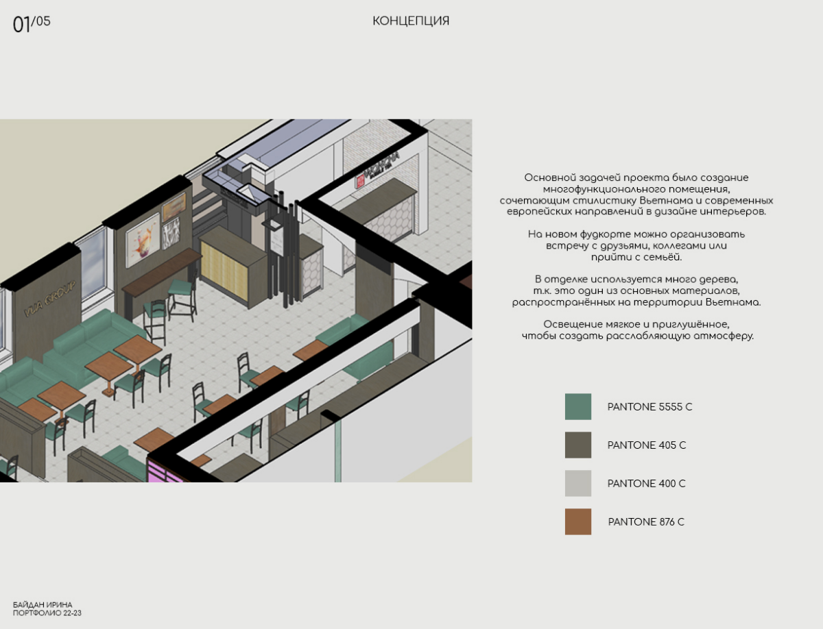 Первым моим серьёзным проектом, в области дизайна интерьера, стало оформление зоны фудкорта в центре Москвы, недалеко от станции метро Серпуховская в 2022 году для VUA Group | Сетка — социальная сеть от hh.ru