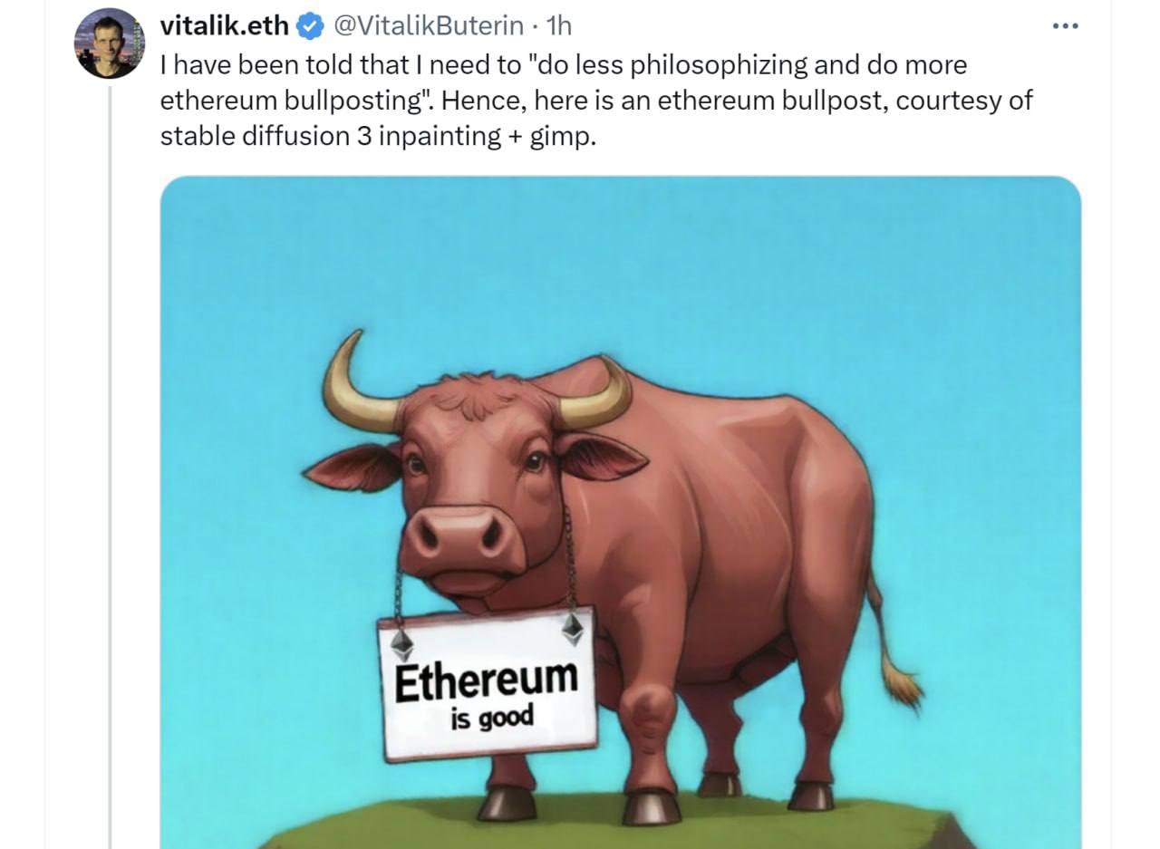 💙 #ETHUSD
Виталик выложил бычий пост в X (Twitter). Пытается запампить или сигнал на buy
По крипте, кстати, пока ничего интересного, биток продолжает ходить между 58.000$-61.000$
@birzhbazar | Сетка — социальная сеть от hh.ru