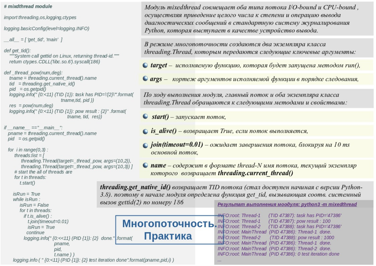 ✳️ От теории, как выглядит  много поточность в Python, предлагаю перейти к практике,  на примере модуля mixedthread .
❇️ Модуль  реализует смешанную схему совмещения потоков I/O-bound и CPU-bound (см | Сетка — социальная сеть от hh.ru