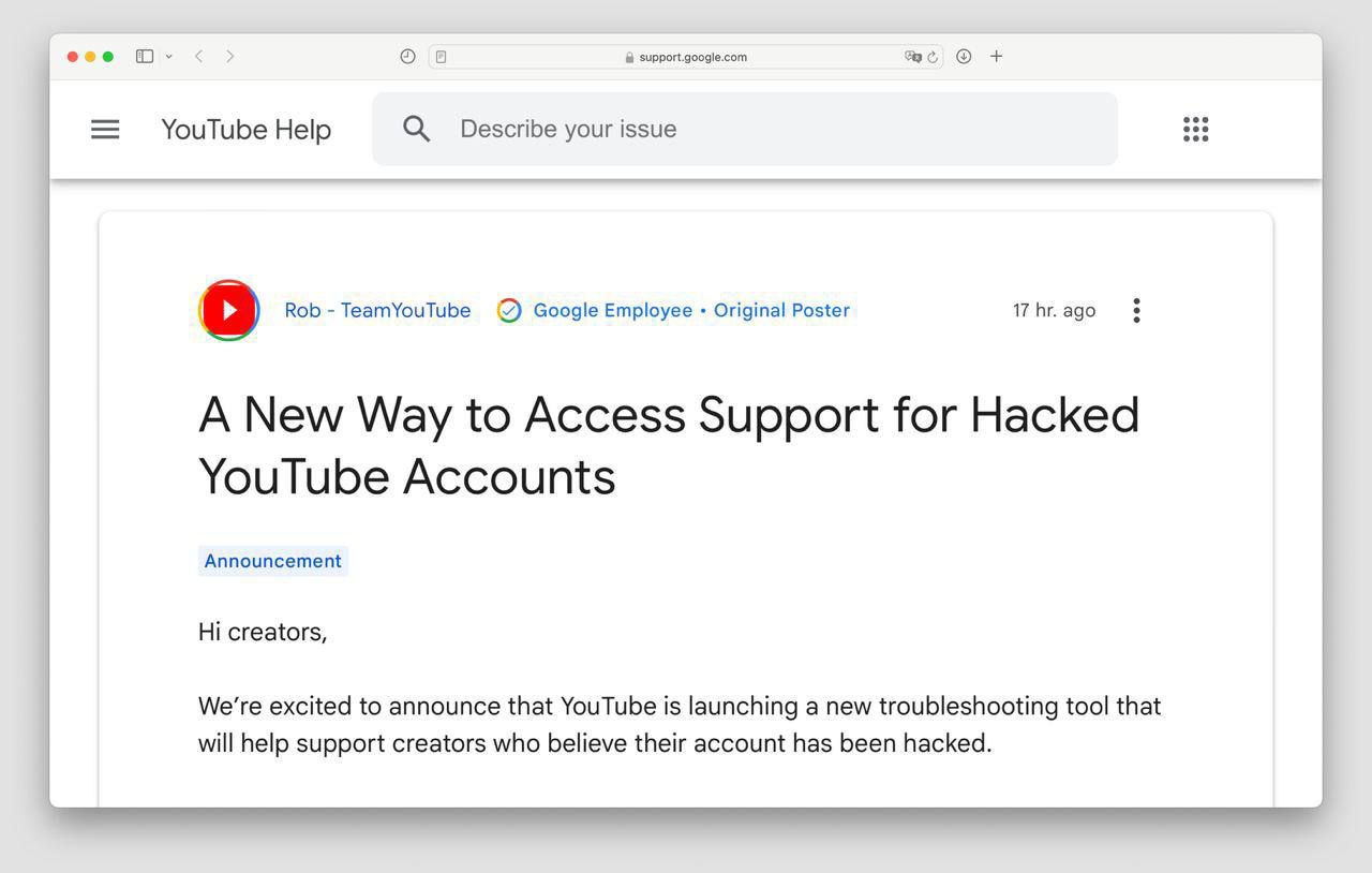 🙂Наконец-то
YouTube запускает ИИ-помощника для восстановления взломанных аккаунтов.
Это искусственный интеллект, который помогает в восстановлении взломанных аккаунтов | Сетка — социальная сеть от hh.ru