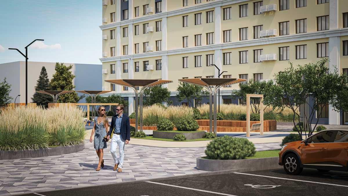 Разработка концепции благоустройства жилого комплекса в Самаре, его моделирование и визуализация с последующей пост-обработкой | Сетка — социальная сеть от hh.ru