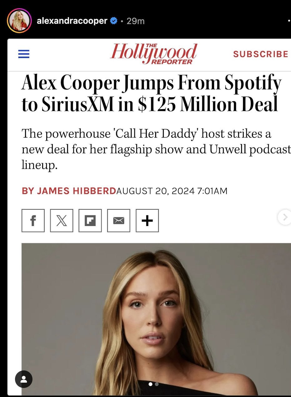 У звездных подкастеров все хорошо. 
Call Her Daddy от Алекс Купер входит в топ-10 самых популярных подкастов в США и топ-3 по числу подписчиков на Spotify (тут я писал, что их теперь можно подглядеть) | Сетка — социальная сеть от hh.ru