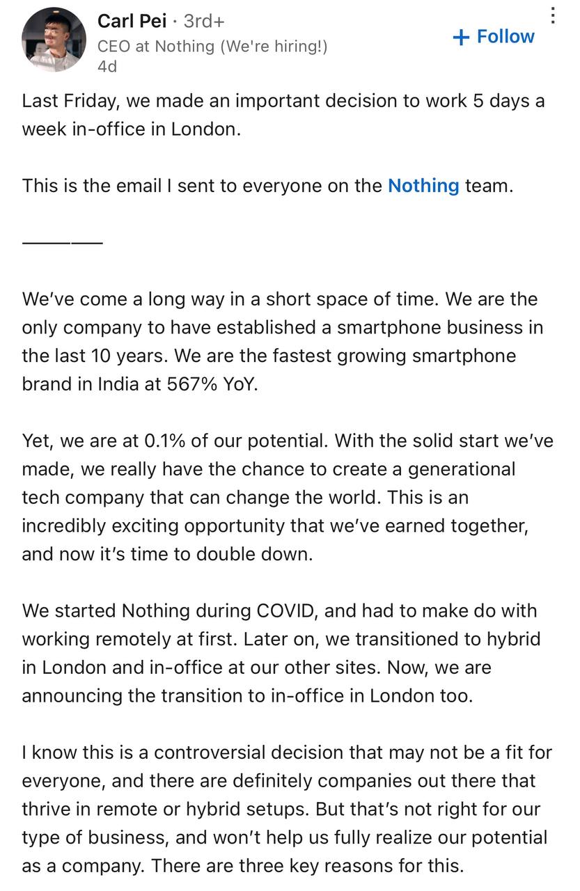 Чувствуется спад моды на удаленку, а?
CEO Nothing, которая делает стильные и не очень дорогие смартфоны, решил вернуть всех сотрудников с удалёнки | Сетка — социальная сеть от hh.ru