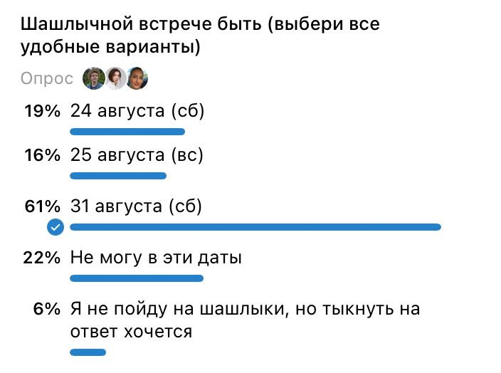 Повесили голосовалку.
Дизайнеры верны себе — летний выезд будет, конечно, в последний день лета )) | Сетка — социальная сеть от hh.ru