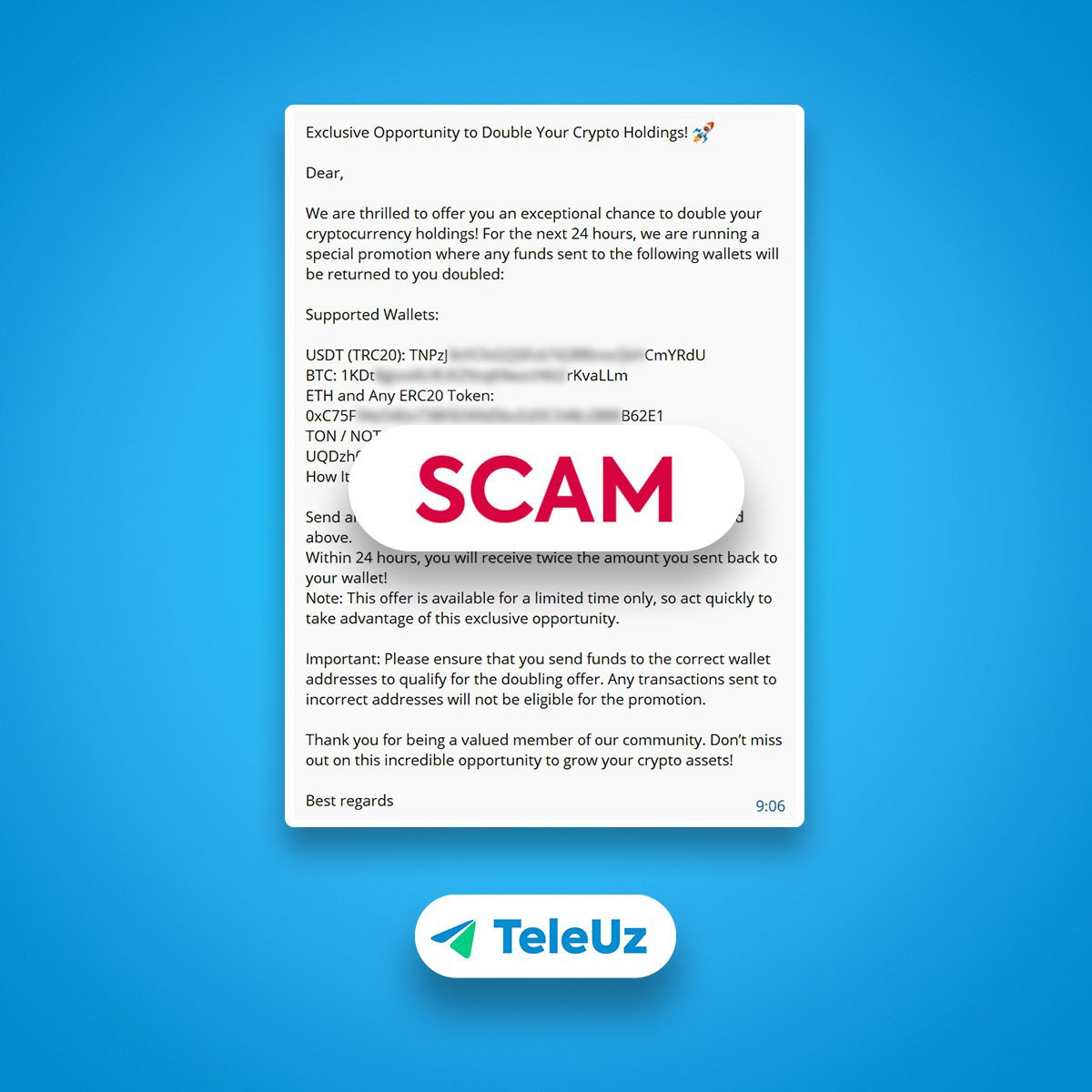 ⛔️ Осторожно: мошенничество от Wallet Support TeamПользователям кошелька в Telegram @wallet распространяется спам-рассылка от верифицированного аккаунта службы поддержки @walletsupportbot, ведущая на ... | Сетка — социальная сеть от hh.ru
