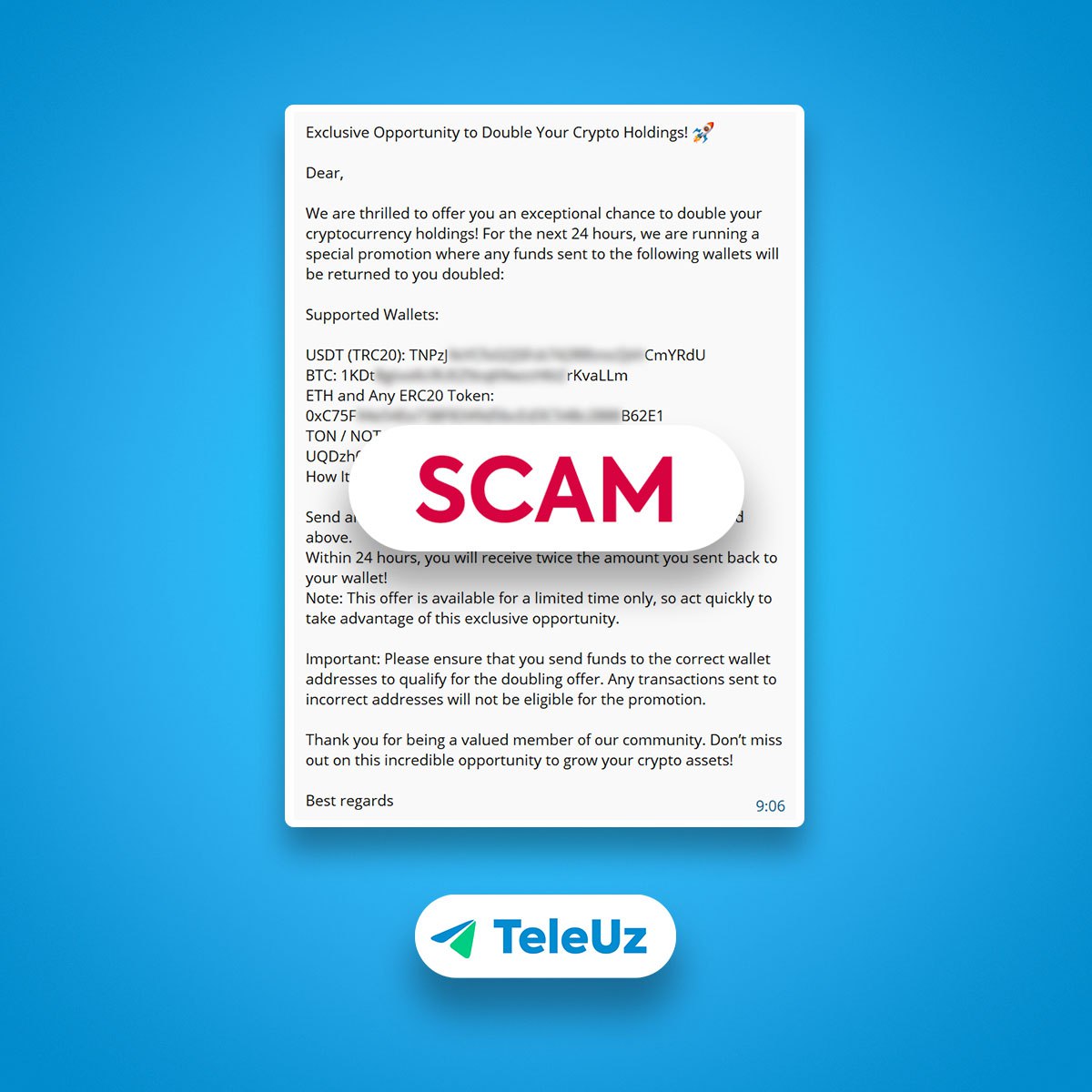 ⛔️ Осторожно: мошенничество от Wallet Support TeamПользователям кошелька в Telegram @wallet распространяется спам-рассылка от верифицированного аккаунта службы поддержки @walletsupportbot, ведущая на ... | Сетка — социальная сеть от hh.ru