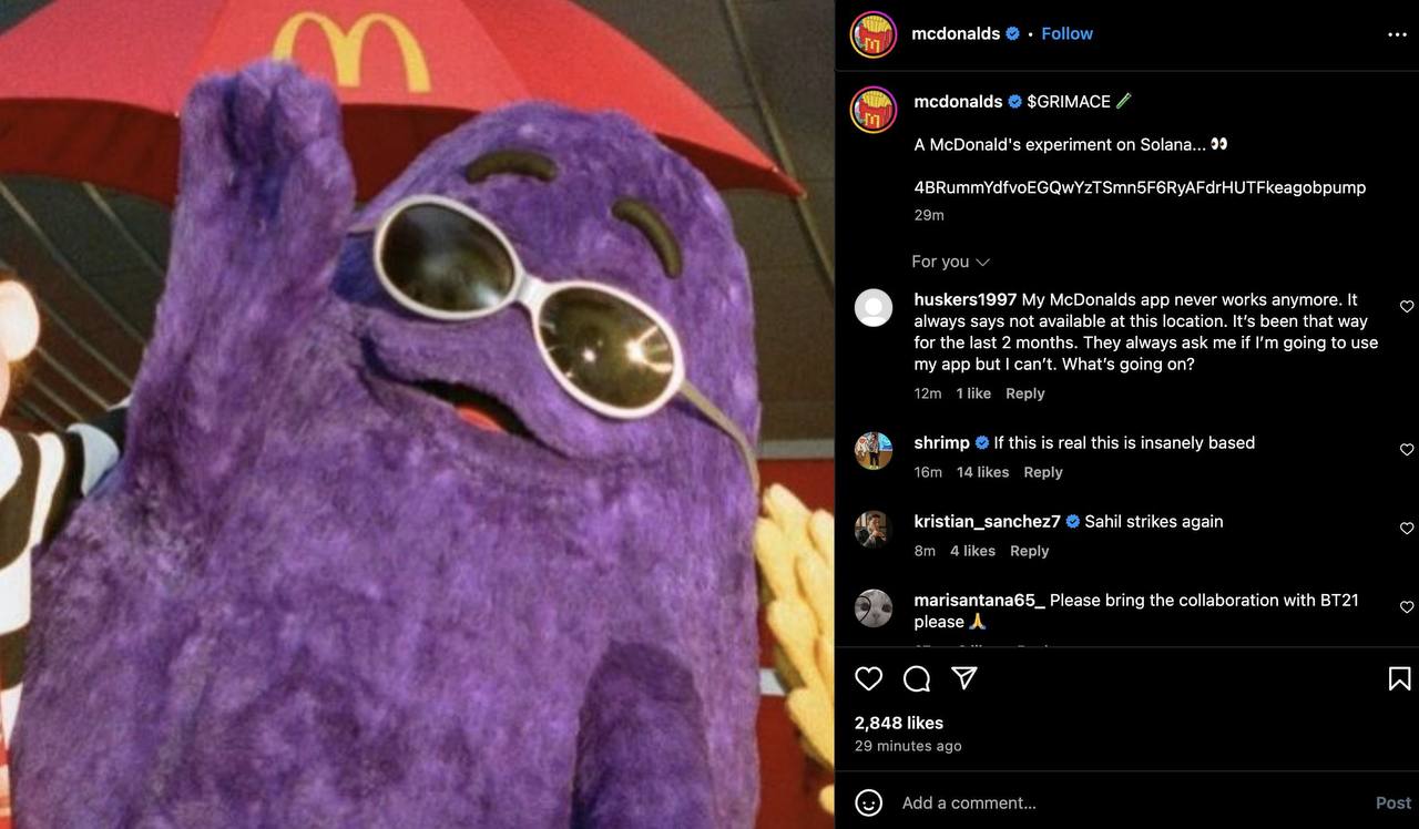 McDonald’s обманул подписчиков на $700.000. Точнее те, кто взломал аккаунт.
В нескольких постах злоумышленники анонсировали запуск мемкоина GRIMACE в честь одноименного маскота | Сетка — социальная сеть от hh.ru