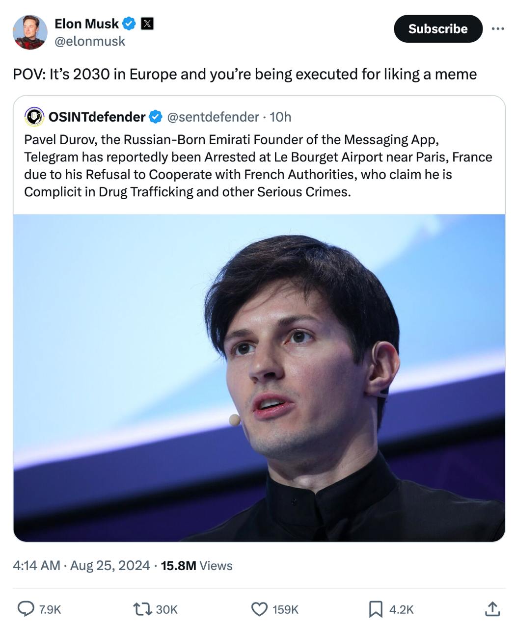 И конечно же без Маска не обойтись, он также начал троллит Европу и выступил за Дурова 
#freedurov #дуров 
@umedschannel | Сетка — социальная сеть от hh.ru