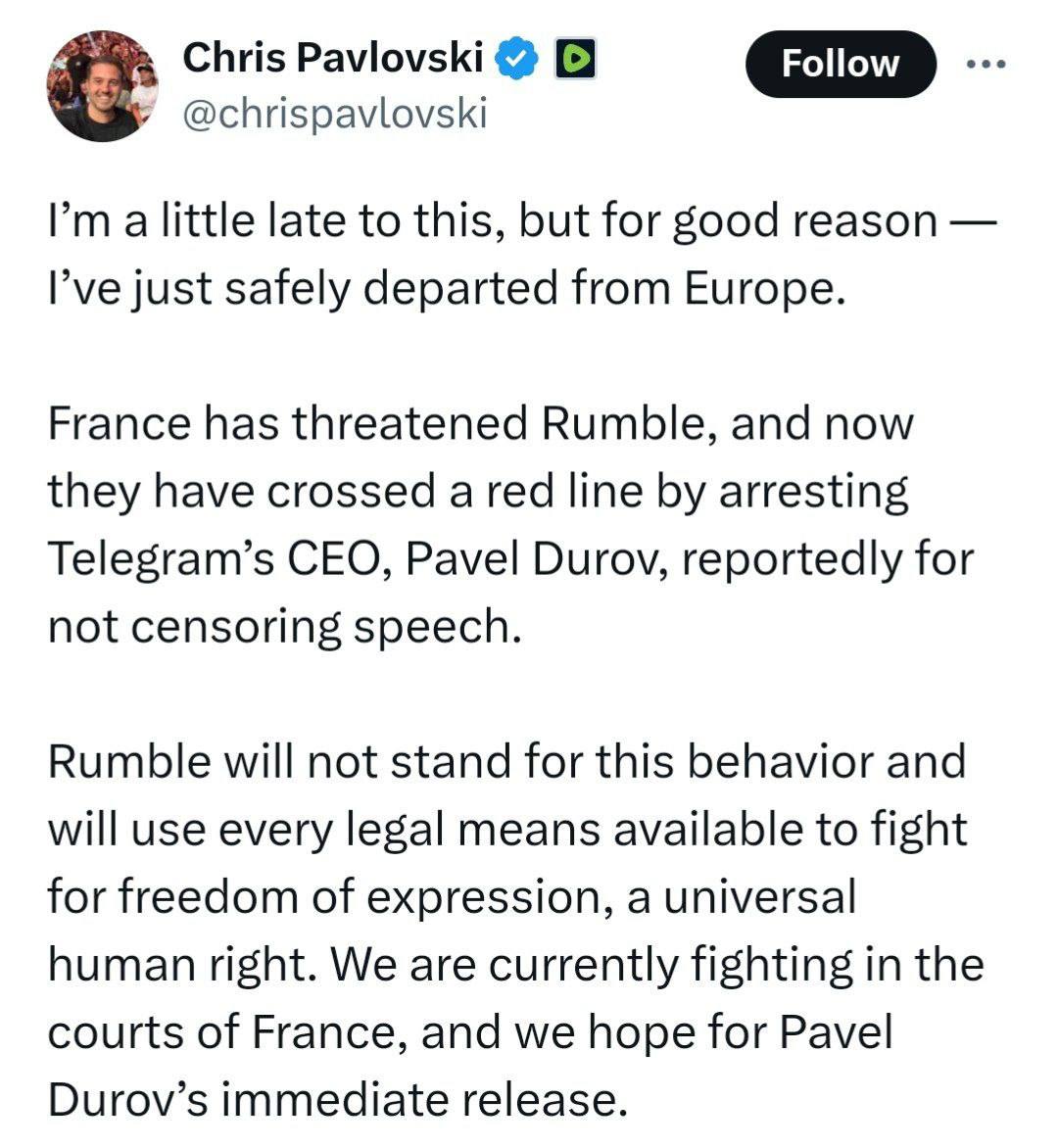 Генеральный директор видеохостинга Rumble покинул Европу после ареста Дурова:
«Я немного опоздал, но на то есть веская причина — я только что благополучно покинул Европу | Сетка — социальная сеть от hh.ru