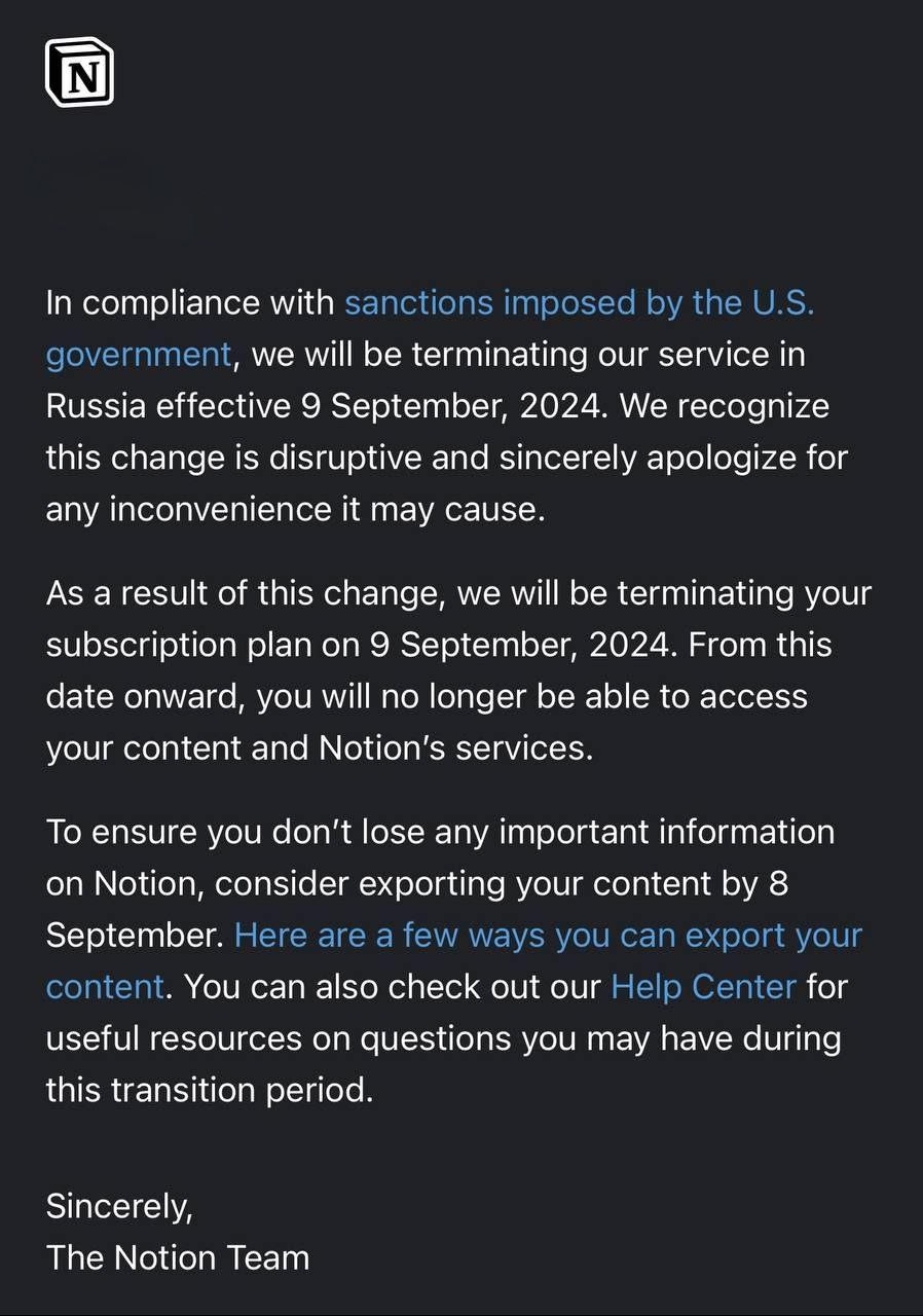 Этого следовало ожидать. Может они, конечно, и переобуются, как Miro. А может и нет.
Энивей, Obsidian (с синхронизацией через git или syncthing) - тема. Всячески советую | Сетка — социальная сеть от hh.ru