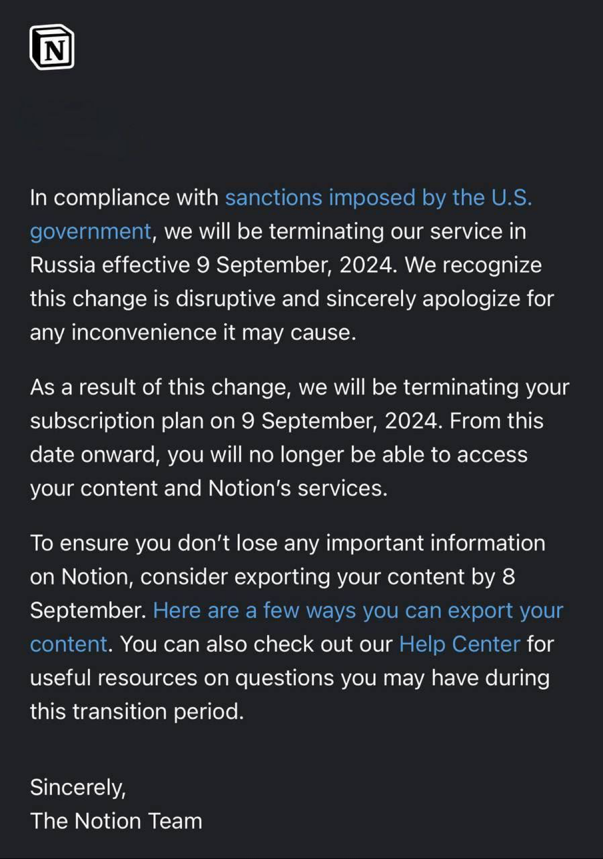 Вчера вечером стало известно, что Notion уходит из России благодаря санкциям.
Сервис заметок и баз данных отключит российские аккаунты 9 сентября | Сетка — социальная сеть от hh.ru