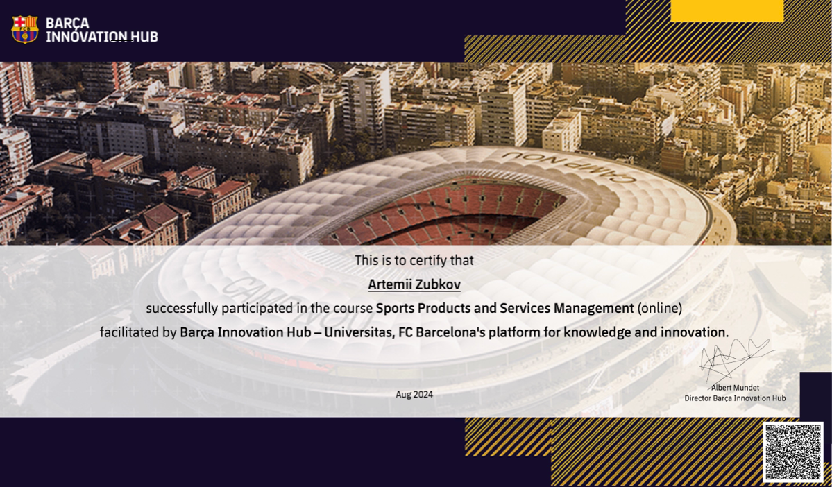 Четвертый модуль в Barca Innovation Hub успешно пройден 🤙🏻  Осталось сдать итоговый экзамен по общей теме обучения: «Спортивный маркетинг и спонсорство»!
Курс оцениваю положительно | Сетка — социальная сеть от hh.ru