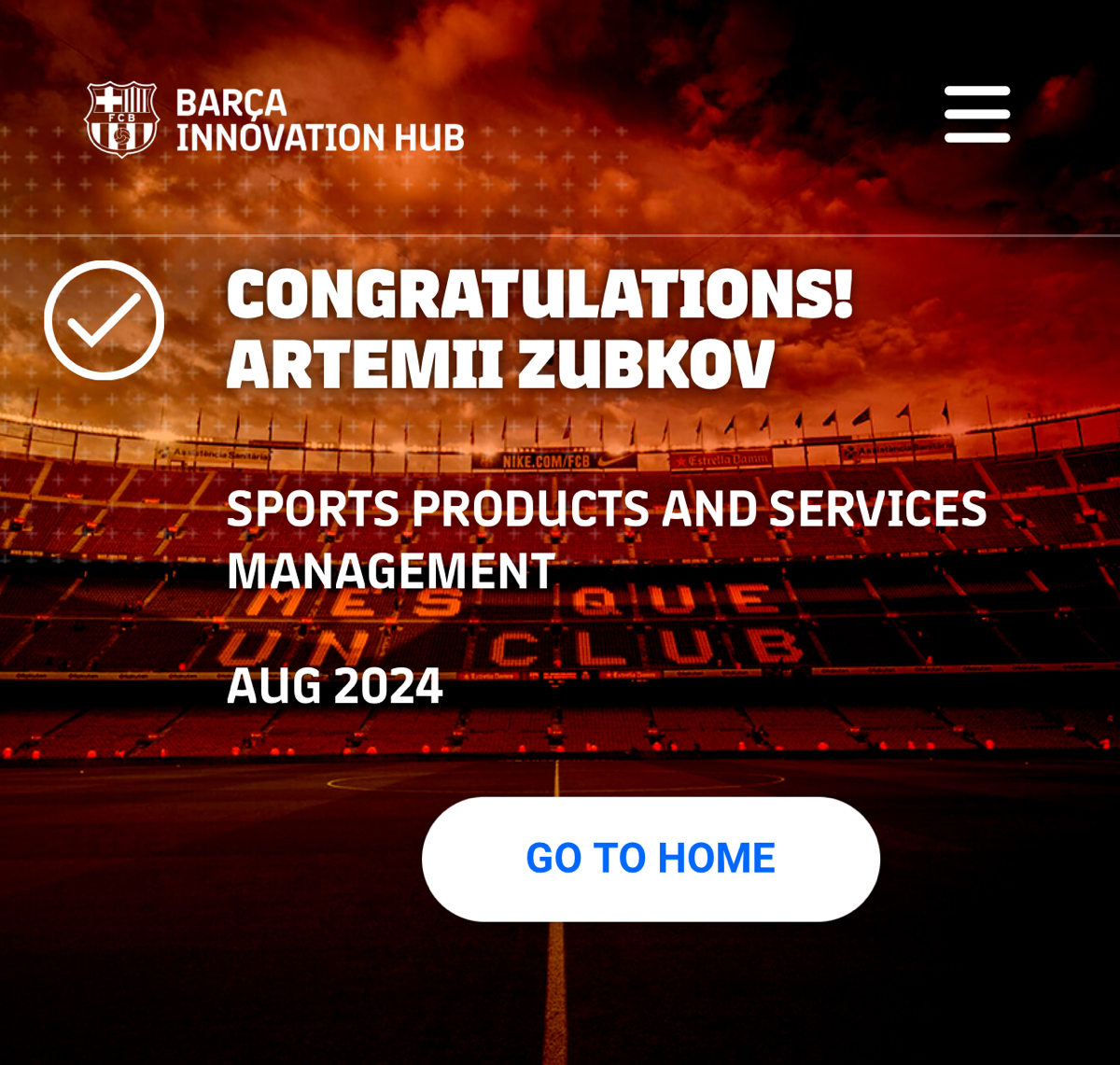 Четвертый модуль в Barca Innovation Hub успешно пройден 🤙🏻  Осталось сдать итоговый экзамен по общей теме обучения: «Спортивный маркетинг и спонсорство»!
Курс оцениваю положительно | Сетка — социальная сеть от hh.ru