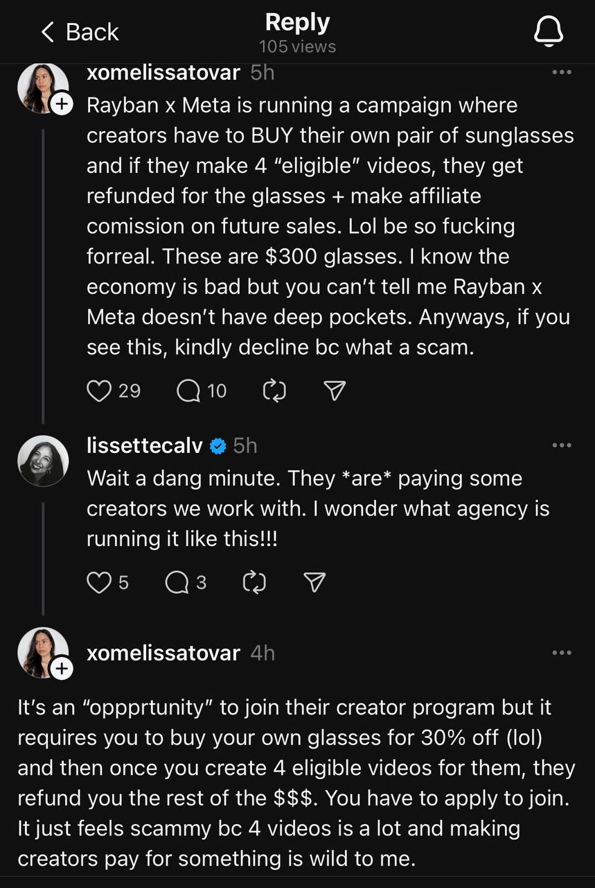 Meta запустила гениальную программу для продвижения своих очков через UGC от небольших креаторов:
• купите у нас Meta Ray-Ban со скидкой 30%
• выложите 4 видео, которые должны соответствовать требован... | Сетка — социальная сеть от hh.ru