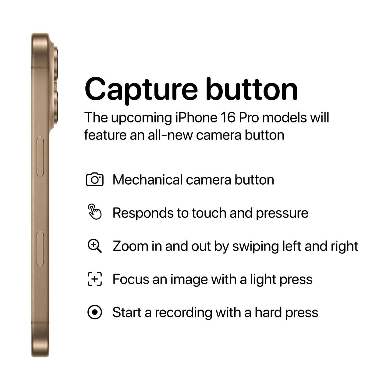 ⁉️iPhone 16: Кнопка для идеальных фото
В iPhone 16 появилась новая кнопка — Capture Button. Теперь снимать фото стало еще проще: легкое нажатие активирует автофокус, а сильное — делает снимок | Сетка — социальная сеть от hh.ru