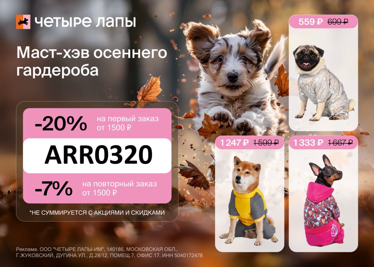Скидка до 20% в Четыре Лапы 🐾
Промокод ARR0320 дает скидку 20% на первый заказ и 7% на повторный заказ от 1500₽
Скидка не суммируется с другими акциями и скидками*
Действует до 30 | Сетка — социальная сеть от hh.ru