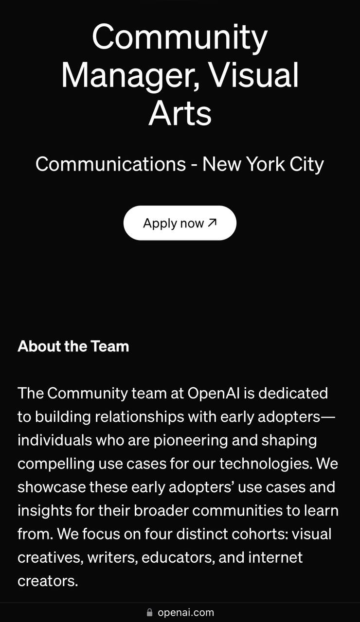 OpenAI решили строить собственное комьюнити художников (и, скорее всего, не только художников) — открыли свою первую вакансию для комьюнити менеджера | Сетка — социальная сеть от hh.ru
