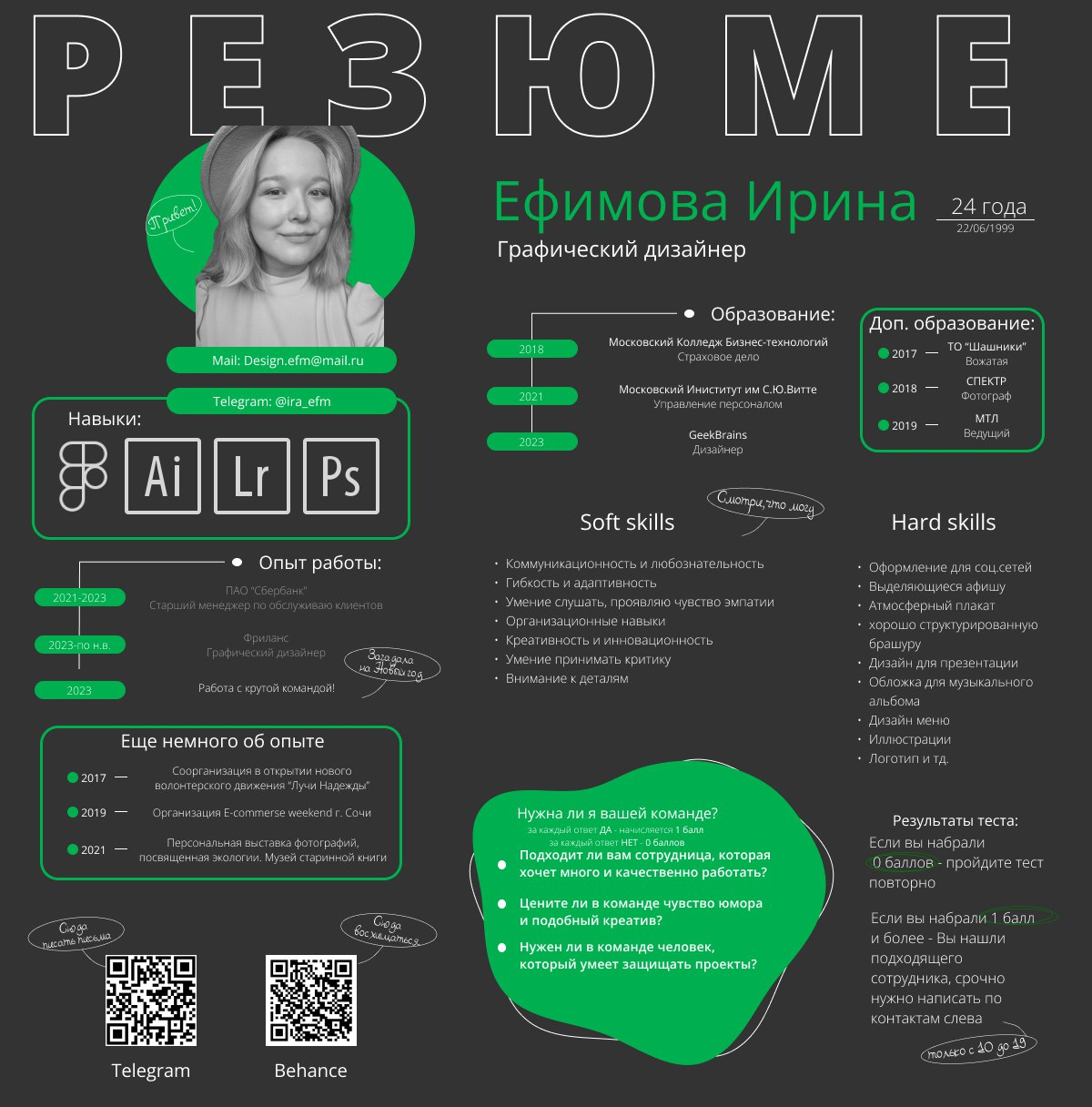 Добрый день! Меня зовут Ирина и я графический дизайнер, допом обучаюсь на цифрового дизайнера в GEEKBRAINS. На данный момент ищу постоянную работу в городе Москва!
Мое резюме с портфолио ниже | Сетка — социальная сеть от hh.ru