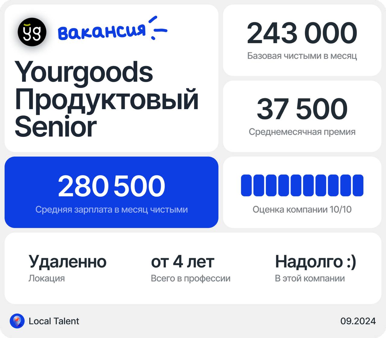 Зарплата продуктового дизайнера Senior в Yourgoods
Бонусы и дополнительные плюшки в компанииЕсли что-то нужно: поддержка, психолог, обучение, лечение — поможем, компенсируем | Сетка — социальная сеть от hh.ru