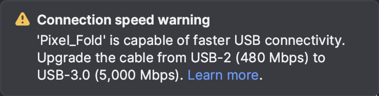 Android Studio Koala FD будет предупреждать что у вас медленный USB кабель и это может влиять на работу с устройством
#androidstudio | Сетка — социальная сеть от hh.ru