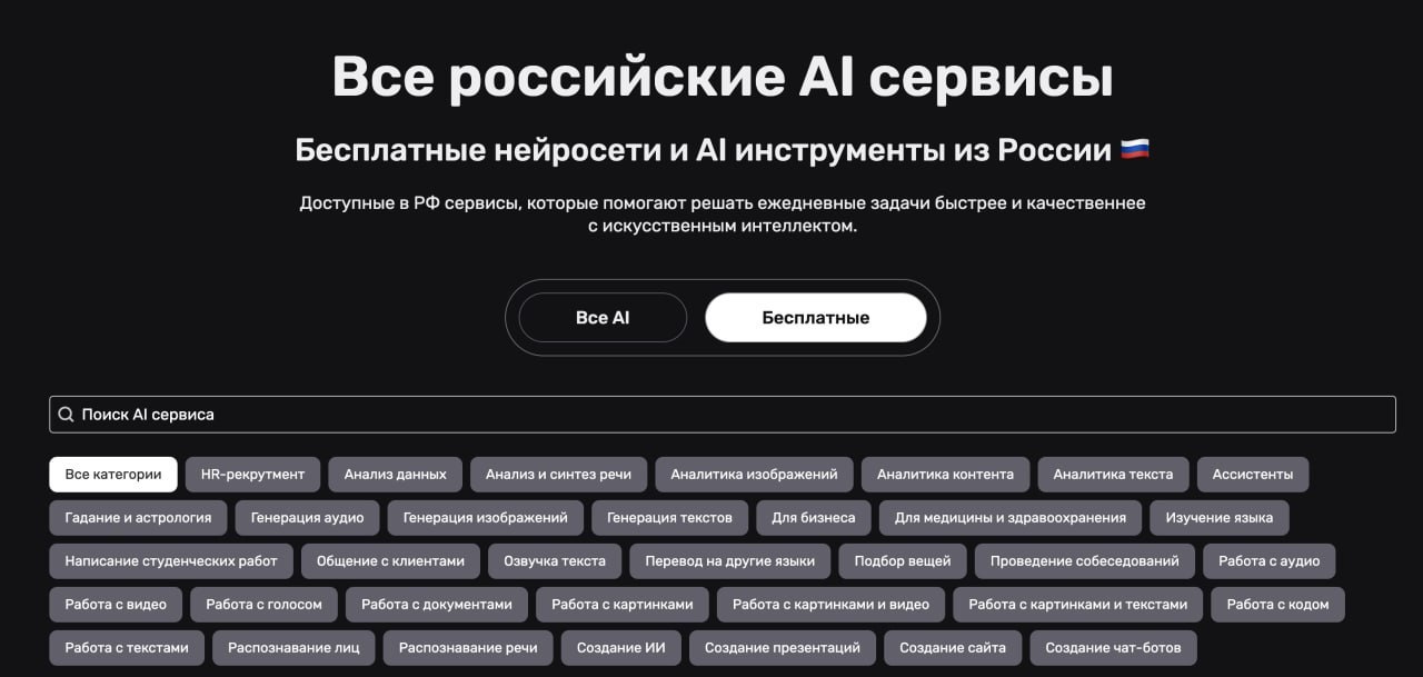 #инструменты
Вот вам библиотека бесплатных российских нейросетей — не требуется ни VPN, ни деньги.
Просто выберите категорию, заходите и пользуйтесь | Сетка — социальная сеть от hh.ru
