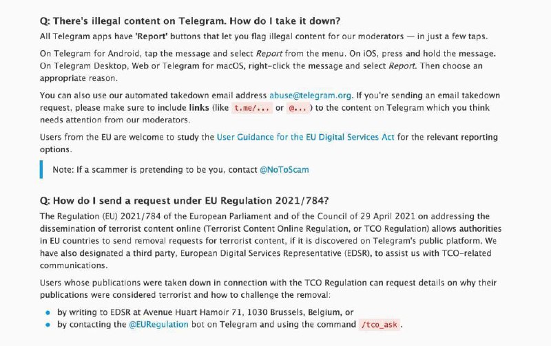 Telegram обновил политику модерации после задержания Дурова.
Теперь пользователи могут пожаловаться модераторам на противоправный контент в чатах и частных группах Telegram | Сетка — социальная сеть от hh.ru