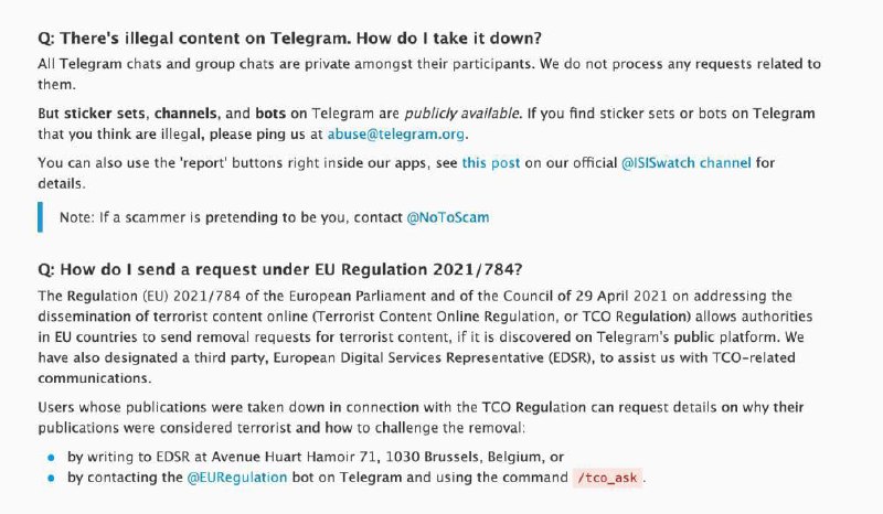 Telegram обновил политику модерации после задержания Дурова.
Теперь пользователи могут пожаловаться модераторам на противоправный контент в чатах и частных группах Telegram | Сетка — социальная сеть от hh.ru