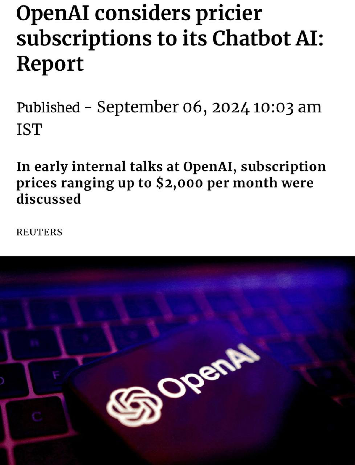 ⚡️OpenAI обсуждает возможность повышения стоимости подписки до $2000 в месяц для более продвинутых версий, таких как Strawberry и Orion, по сообщению издания The Information | Сетка — социальная сеть от hh.ru