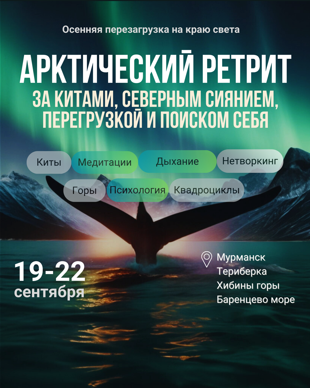 Представь: ты стоишь на берегу, перед тобой бескрайние арктические просторы, слышишь шум океана, а вдали — величественные киты. Над тобой — Северное сияние, освещающее небо волшебными красками | Сетка — социальная сеть от hh.ru