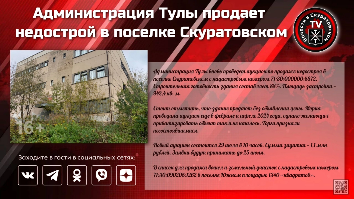Администрация Тулы продает недострой в поселке Скуратовском
Администрация Тулы вновь проведет аукцион по продаже недостроя в поселке Скуратовском с кадастровым номером 71:30:000000:5872 | Сетка — социальная сеть от hh.ru