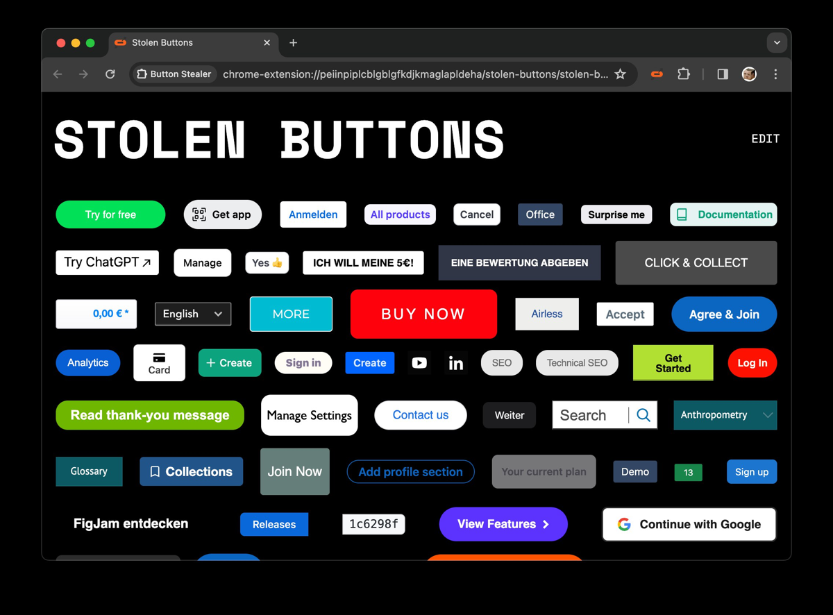 Button Stealer — забавное браузерное расширение, которое автоматически «коллекционирует» кнопки со всех сайтов, которые вы посещали
Архив кнопок можно смотреть на специальной странице расширения
Досту... | Сетка — социальная сеть от hh.ru