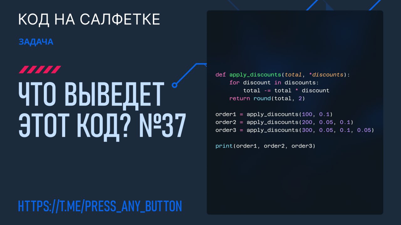 Что выведет этот код? №37
Задача:
У вас есть функция, которая принимает сумму заказа и разные скидки, которые могут быть применены. Нужно корректно рассчитать итоговую сумму с учётом всех скидок. | Сетка — социальная сеть от hh.ru