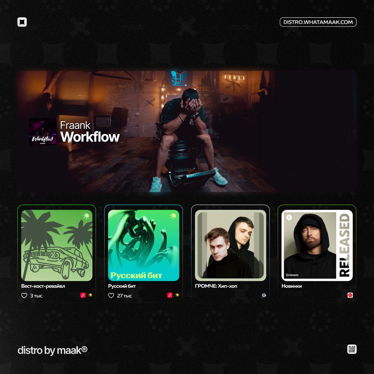 💀 Слушай наши релизы в крупных плейлистах!
Fraank · «Workflow»
〰️ «ГРОМЧЕ: Хип-хоп» от Звук
〰️ «Вест-кост-ревайвл» от Яндекс Музыка
〰️ «Русский бит» от Яндекс Музыка
〰️ «Новинки» от YouTube Music
〰️ «... | Сетка — социальная сеть от hh.ru
