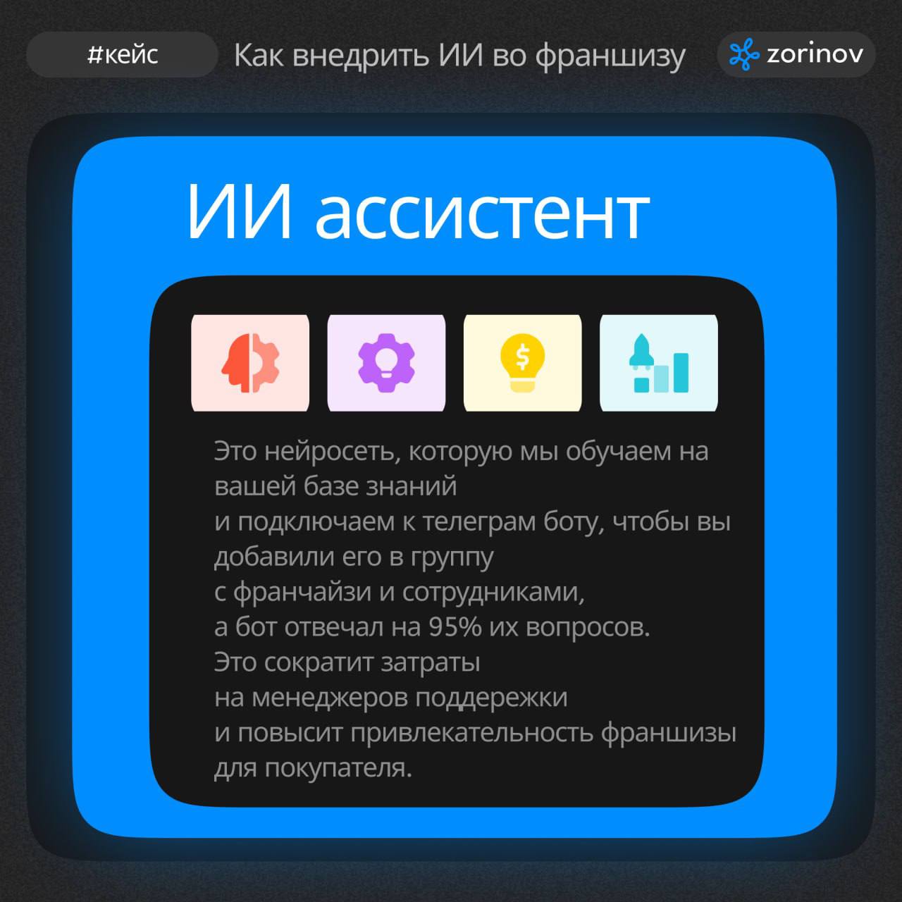 #кейс
🤖 Как внедрить ИИ во франшизу
Как эффективно обучать и консультировать сотрудников при расширении филиалов без вовлечения менеджеров?
Внедрение франшизного чат-бота
Интеграция чат-бота с базой з... | Сетка — социальная сеть от hh.ru