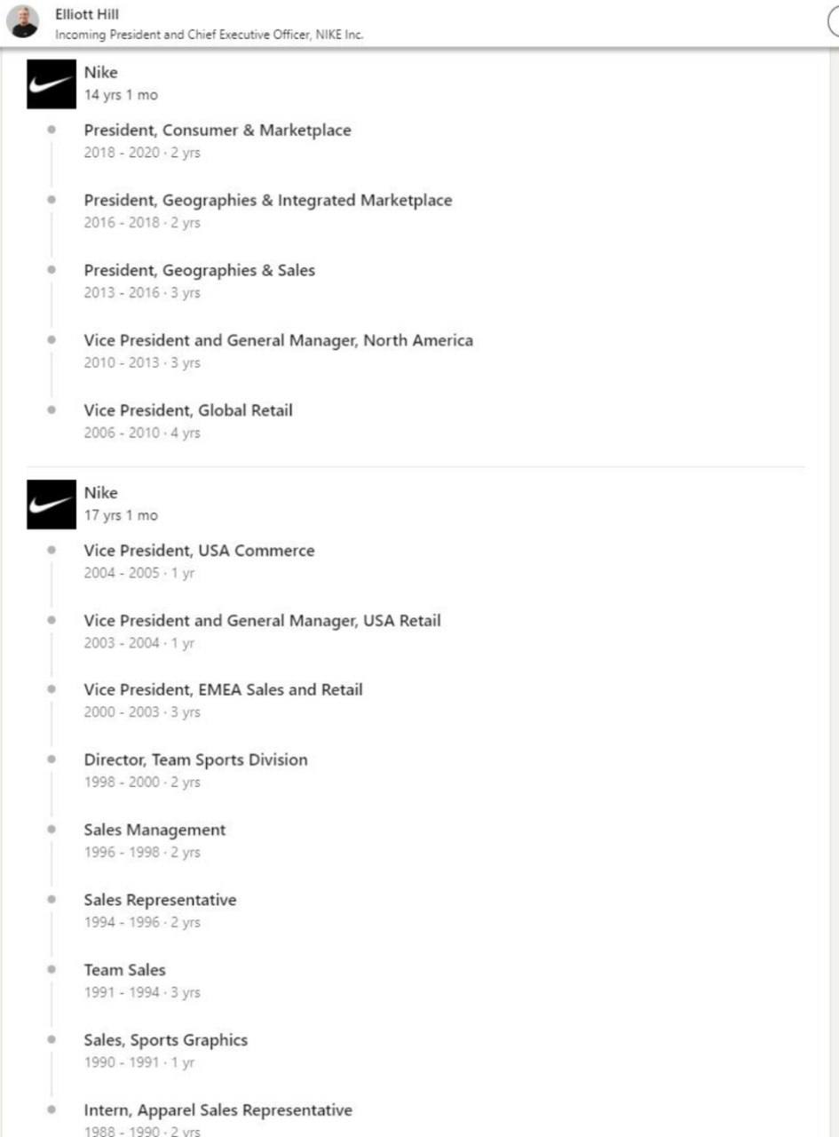 #Артем Just do it.
В сети вирусится удивительная история Эллиота Хилла – нового CEO Nike (пятый в истории компании). Дело в том, что Хилл пришел на стажировку в Nike еще в 1988 | Сетка — социальная сеть от hh.ru