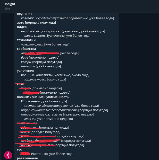 Совсем недавно ТГ бот Insight (ссылку не оставлю) выкатил API. Это значит, что узнавать об интересах пользователей ТГ можно в промышленном масштабе | Сетка — социальная сеть от hh.ru