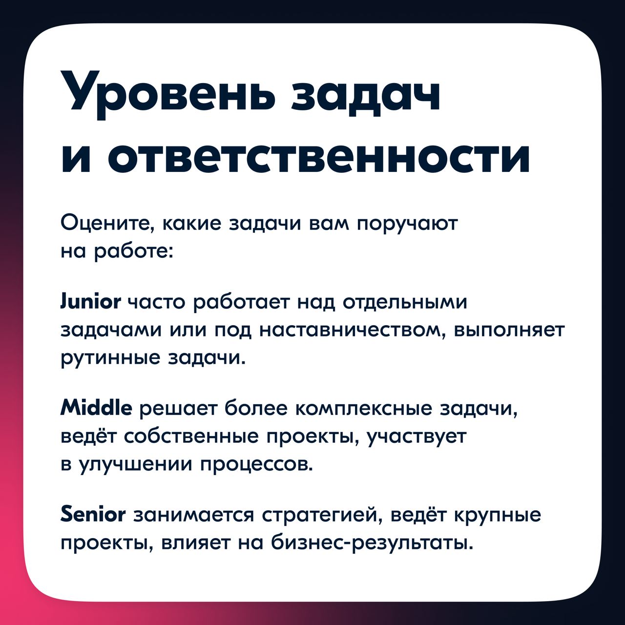 Зачастую мы так погружены в работу, что забываем взглянуть на себя со стороны и понять, насколько мы выросли.
Регулярная оценка своих навыков — важная часть профессионального развития | Сетка — социальная сеть от hh.ru