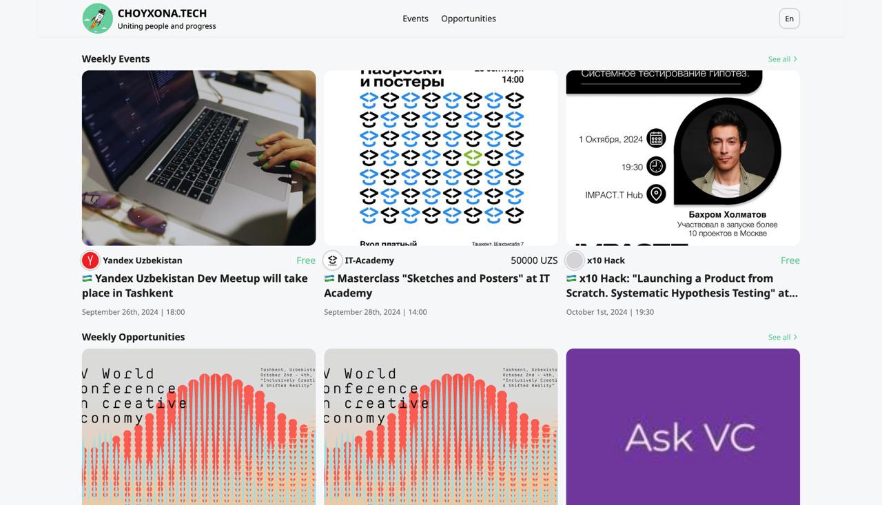 Наши друзья из Startup Choyxona, где публикуются самые актуальные возможности и интересные мероприятия мира стартапов со всей Центральной Азии, запустили собственный сайт — choyxona.tech | Сетка — социальная сеть от hh.ru